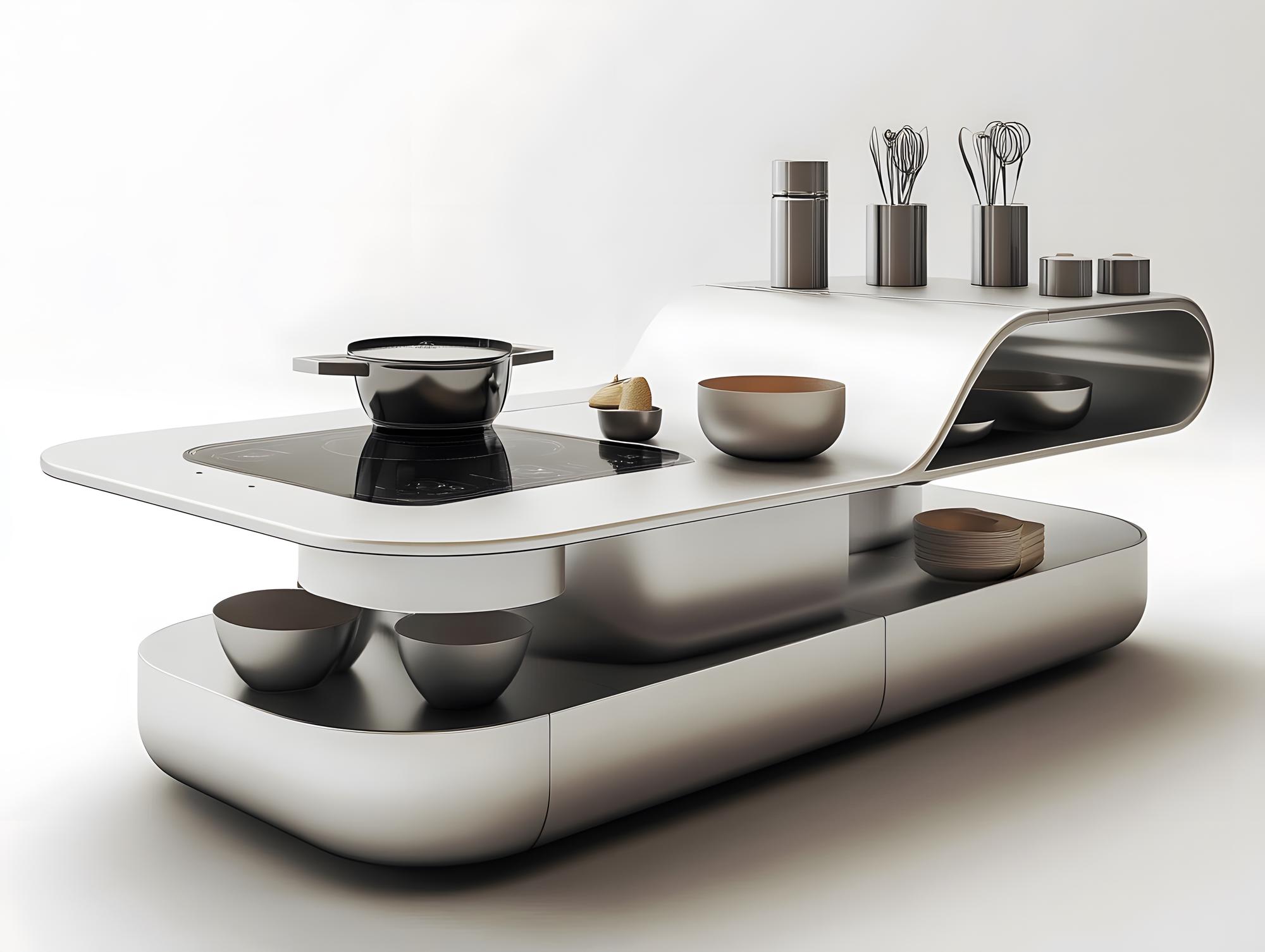Futuristic kitchen with plated dishes and tech